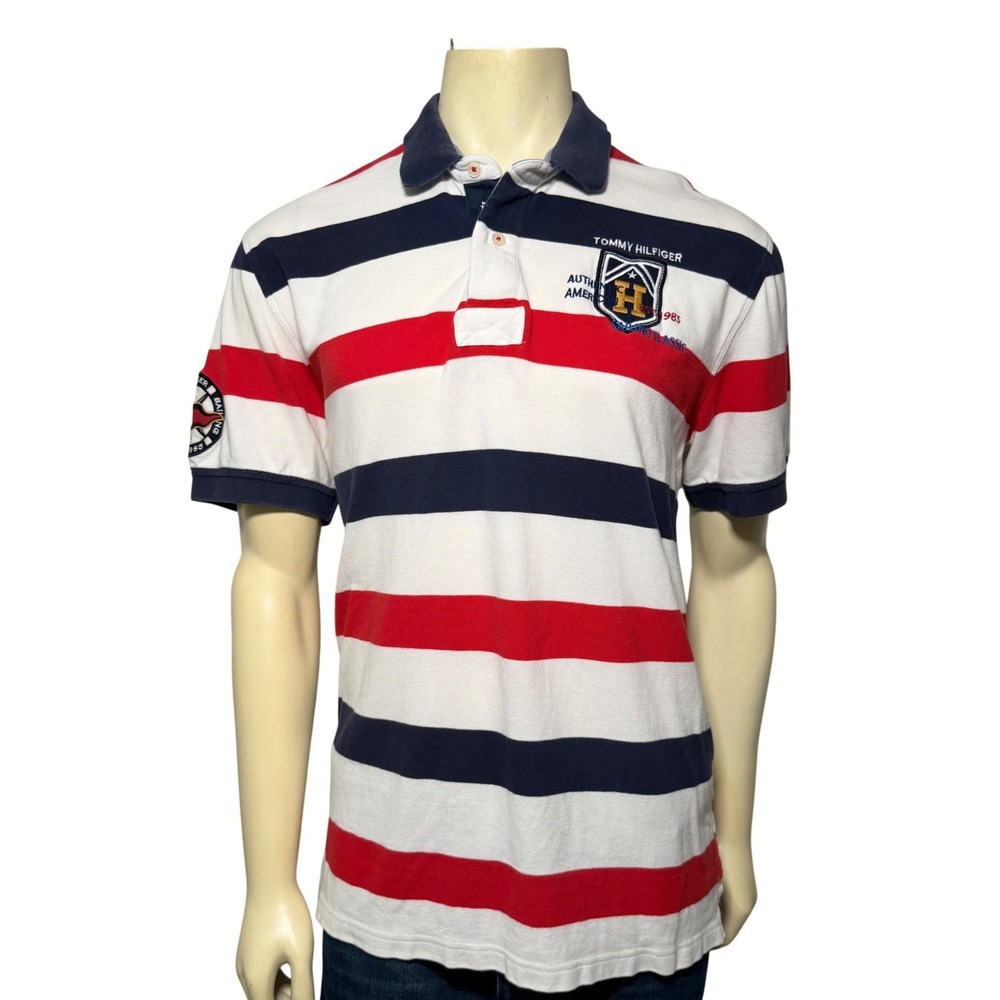 Tommy Hilfiger Polo Shirt Mens XL White Red Blue Striped Custom Fit Crest Patch